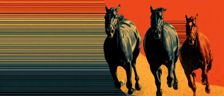 Three horses are galloping together against a colorful dynamic background showing their power and movement in a striking design.の素材