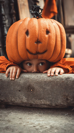 A child wearing a pumpkin shaped headpiece peeks over a wooden barrier during a Halloween event in a festive atmosphere.の素材