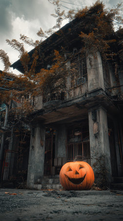 A large carved pumpkin with a smiling face sits in front of a dilapidated old building surrounded by overgrown plants and autumn leaves.の素材