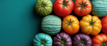 Brightly colored tomatoes in various shapes and sizes are arranged on a teal surface showcasing a vibrant selection of produce.の素材