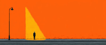 A lone figure stands in a yellow spotlight on a gray street with a vibrant orange wall in the background creating a striking visual contrast.の素材