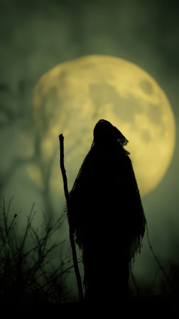 A dark cloaked figure holds a staff while standing in front of a bright full moon. Shadows and fog create an eerie atmosphere.の素材