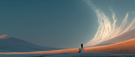 A person walks alone on a winding path in a serene landscape at dusk surrounded by rolling hills and stunning cloud formations.の素材