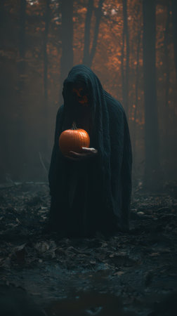 A cloaked figure kneels in a foggy forest cradling a vibrant orange pumpkin amidst fallen leaves and shadows during twilight.の素材