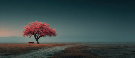 A vibrant pink cherry blossom tree is silhouetted against a twilight sky surrounded by a tranquil landscape and a winding dirt path.の素材