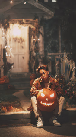 A young man sits on steps holding a glowing carved pumpkin surrounded by autumn decorations on a quiet night.の素材