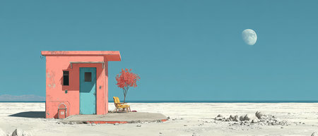 A pink structure stands alone on a white expanse accompanied by a barren tree and two chairs under a bright moonlit sky.の素材