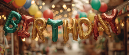 Vibrant balloons and a cheerful birthday banner create a joyful atmosphere perfect for celebrating a special occasion with friends and family.の素材