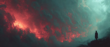 A solitary figure stands before dramatic swirling clouds illuminated with glowing reds and blues evoking a sense of wonder and intrigue.の素材