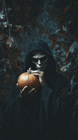 Cloaked figure stands among dark foliage grasping a pumpkin with a haunting expression evoking a sense of mystery and eeriness.の素材