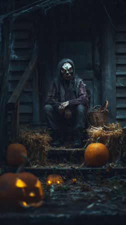 A person wearing a creepy mask sits on porch steps surrounded by carved pumpkins and hay bales evoking a Halloween atmosphere.の素材