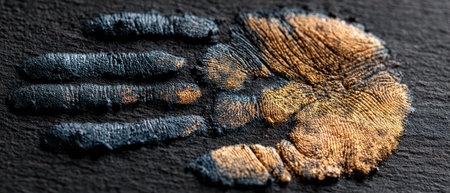 A shiny metallic handprint stands out on a dark surface highlighting striking contrasts and intricate details.の素材