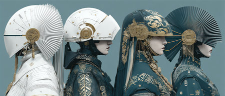 Four individuals showcase striking headgear and intricate outfits inspired by futuristic art and cultural elements in a studio setting.の素材