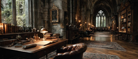 An inviting library featuring dark wood furniture and soft lighting. Shelves filled with books create a tranquil atmosphere for reading or study.の素材