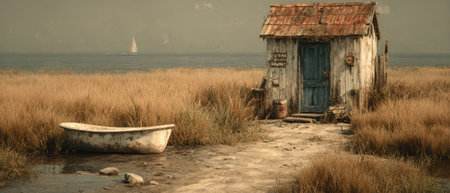 A quaint cottage sits by the waters edge surrounded by tall grass and a small boat anchored nearby creating a peaceful atmosphere.の素材