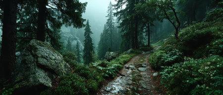 A winding trail through a dense forest surrounded by tall trees and rocky formations under a soft mist in the early morning hours.の素材