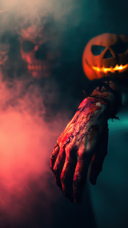 A gruesome hand emerges from fog dripping with blood next to a menacing pumpkin. The atmosphere is dark and haunting perfect for Halloween.の素材