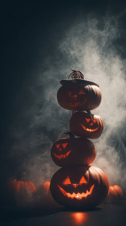Four carved pumpkins stand tall illuminated from within surrounded by fog and more pumpkins enhancing the Halloween atmosphere.の素材