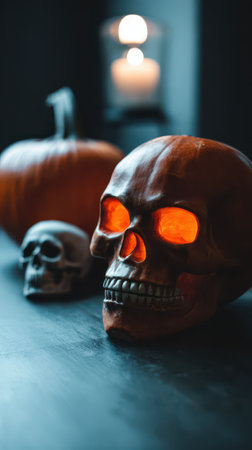 A carved skull with glowing eyes and a pumpkin set the mood for Halloween celebrations in a dimly lit space.の素材