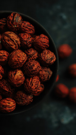 A bowl filled with vibrant textured Rudraksha seeds showcases their natural beauty. Red and brown tones create a striking visual contrast.の素材