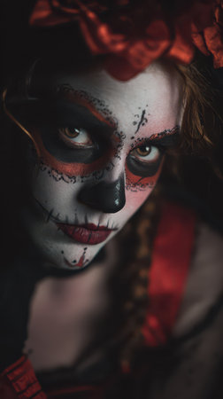 A woman with intricate skull makeup and vibrant flowers gazes intensely embodying a festive spirit during a celebration.の素材