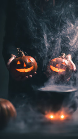 Two carved pumpkins with smiling faces are held among swirling smoke evoking a festive Halloween spirit during an evening celebration.の素材