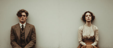 A man and woman dressed in 1920s fashion sit apart against a plain wall evoking emotion and distance in their expressions.の素材