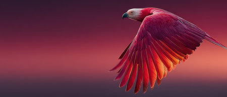 A beautiful pink bird glides gracefully through a colorful twilight sky showcasing its vibrant feathers and elegant wingspan.の素材