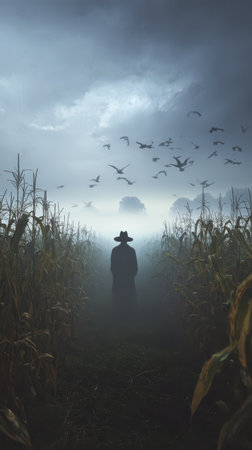 A farmer walks slowly through a foggy cornfield while birds soar overhead at dawn creating a serene and atmospheric landscape.の素材
