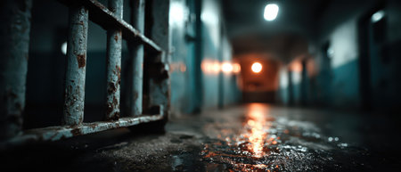 Water glistens on the floor of a dim prison corridor highlighting rusty bars and creating an eerie atmosphere at night.の素材