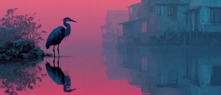 A heron stands majestically in still waters at dawn surrounded by misty reflections of buildings and soft pastel hues in the sky.の素材