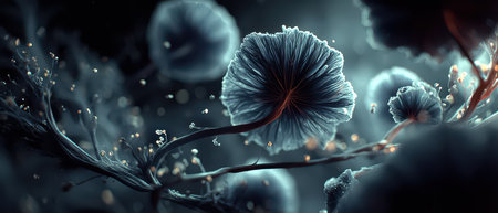 Softly illuminated organic forms with delicate structures appear in a dark dreamlike environment creating a serene yet ethereal atmosphere.の素材