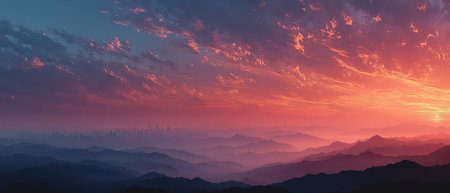 A colorful sunset illuminates a mountain range casting a warm glow on the horizon while a distant skyline enhances the breathtaking view.の素材