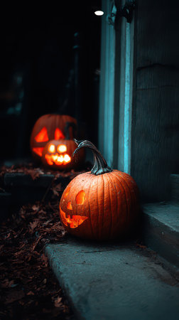 Two carved pumpkins sit outside on a step illuminated from within as leaves scatter around in the dark autumn evening.の素材