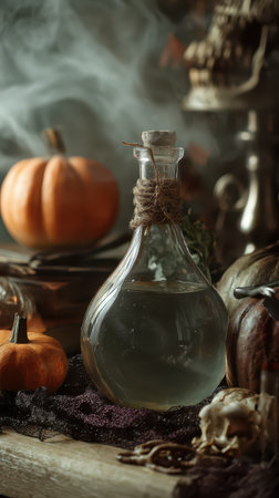 A glass potion bottle sits on a rustic table with small pumpkins and herbs creating a cozy autumn atmosphere filled with mystery.の素材