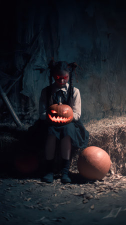 A child with pigtails holds a carved pumpkin dressed in dark clothing sitting on hay bales in a dimly lit space creating a spooky atmosphere.の素材