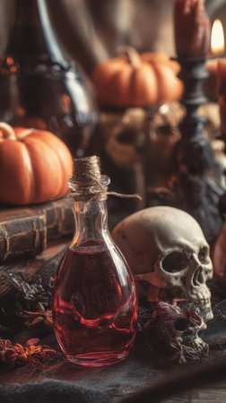 A glass bottle of red potion surrounded by pumpkins and skulls creates a spooky decorative display.の素材