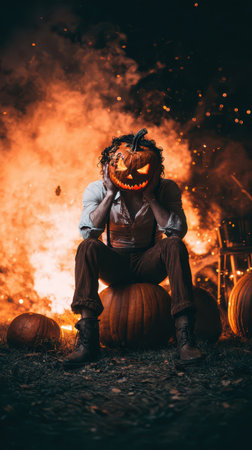 A person sits on pumpkins wearing a jack o lantern head surrounded by fire and smoke creating a spooky atmosphere at night.の素材