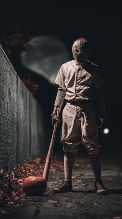 A shadowy figure in old fashioned clothing grips a bat as it stands next to a carved pumpkin on a dark deserted street.の素材