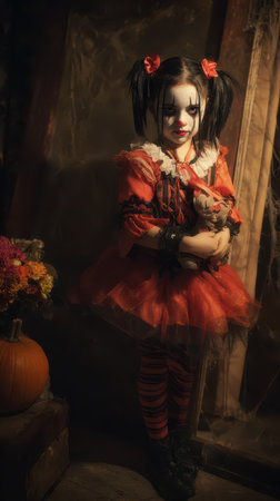 A young girl in a clown costume holds a doll surrounded by autumn decorations and spider webs evoking a spooky atmosphere.の素材