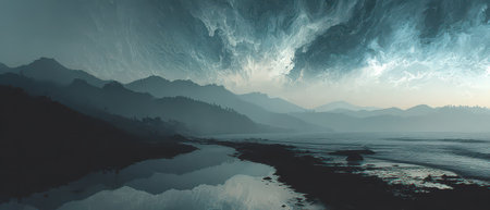 A breathtaking coastal view features dark clouds above tranquil waters and silhouetted mountains capturing natures raw beauty at dusk.の素材