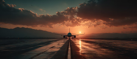 An airplane is parked on the runway as the sun sets behind mountains casting warm colors across the sky and reflecting on the wet surface.の素材