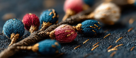 Close up view of a detailed embroidery showcasing vibrant thread work in floral shapes. The texture and colors enhance the fabrics beauty.の素材