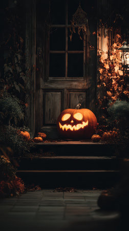A carved pumpkin with a mischievous grin illuminates a rustic doorway surrounded by autumn leaves and smaller pumpkins in the evening.の素材