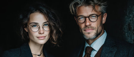 A man and woman stand close together showcasing their fashionable glasses and well tailored outfits in a moody dimly lit environment.の素材