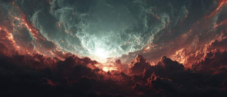 A breathtaking view of colorful clouds illuminated by light showcasing a cosmic scene during dusk with swirling hues in the sky.の素材