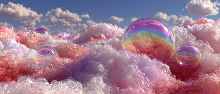 Bubbles of various sizes reflect light above pastel clouds during daytime creating a magical dreamlike atmosphere in the sky.の素材