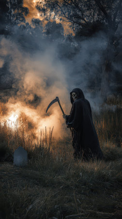 A cloaked figure stands in a fog covered field at dusk holding a scythe surrounded by glowing mist and an unsettling ambiance.の素材