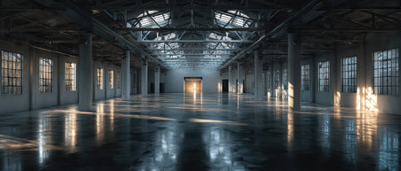 An airy industrial space featuring tall windows and polished concrete floors. Sunlight streams in casting dramatic shadows throughout the area.の素材