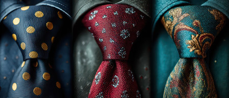 Three distinctive ties hang prominently showcasing unique patterns and textures in rich colors. Perfect for formal occasions and fashion statements.の素材